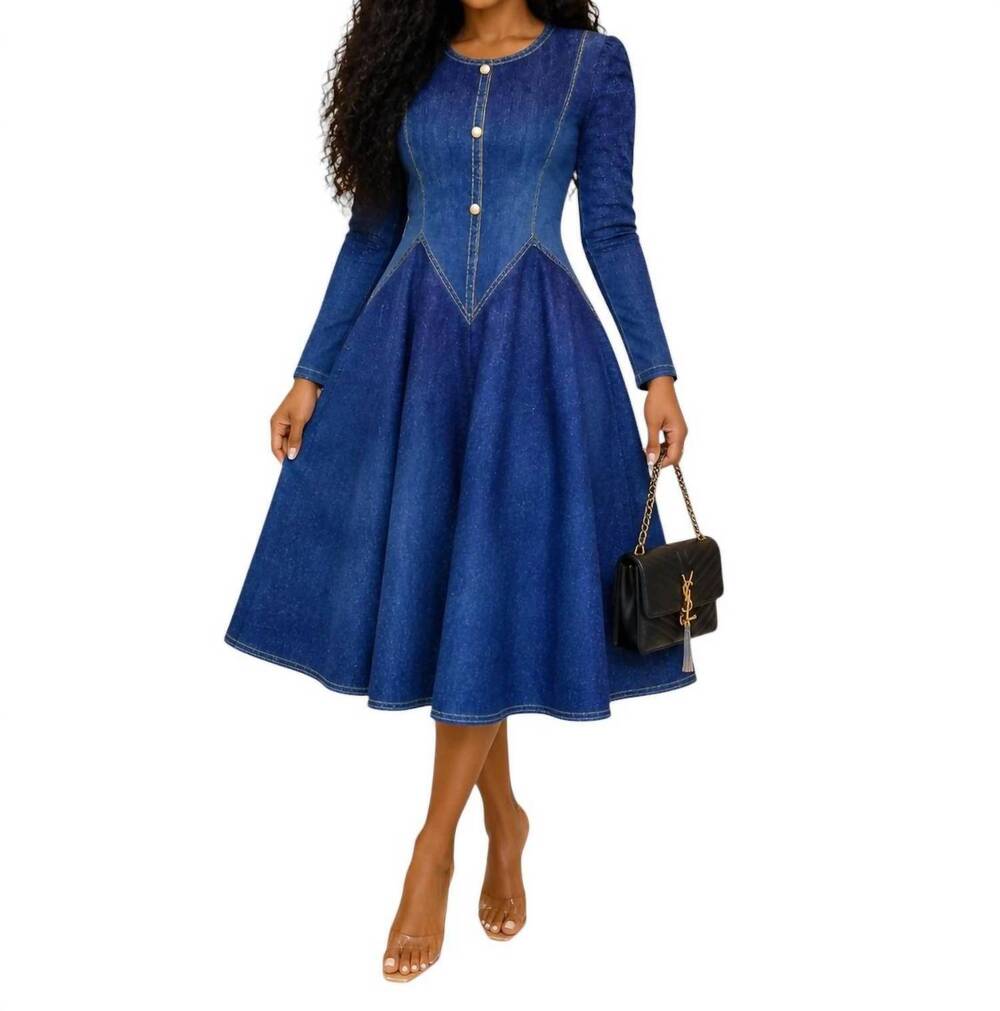 NEW KAREN T DESIGN long-sleeve a-line bouncy dress in blue